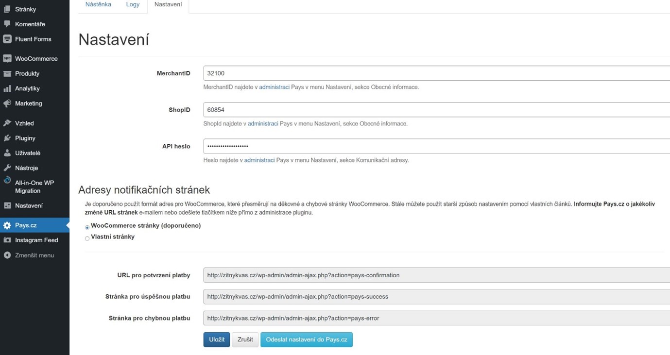 Jedná se o screenshot z administrativního rozhraní WordPress, které ukazuje formulář pro nastavení údajů o obchodníkovi pro to, aby platební brána mohla fungovat ve WooCommerce