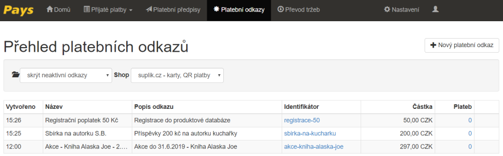 Na obrázku je seznam aktivních platebních odkazů, kde vidíte kdy byl odkaz vytvořen, název, popis, identifikátor, částka a množství přijatých plateb pod daným odkazem.