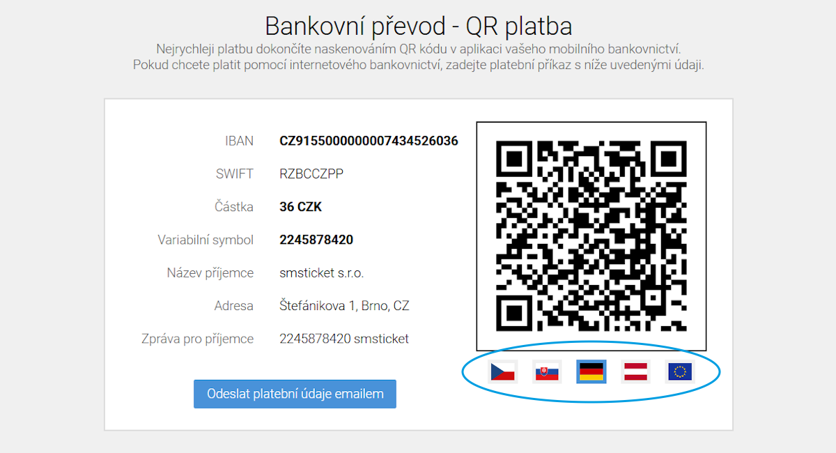 Na obrázku je názorně znázorněno, jak lze nastavit europlatbu pomocí výběru vlajky pod QR kódem. Vzhled QR kódu a údaje na levé straně se upraví podle zvoleného parametru. Na obrázku je názorně znázorněno, jak lze nastavit europlatbu pomocí výběru vlajky pod QR kódem. Vzhled QR kódu a údaje na levé straně se upraví podle zvoleného parametru.