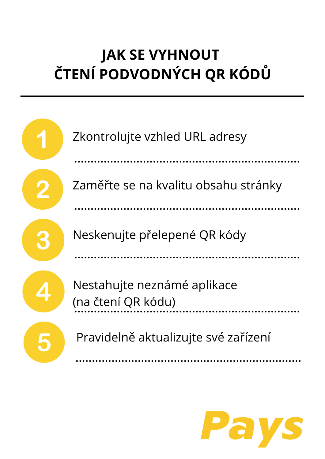 Na obrázku je shrnutí 5 hlavních tipů, jak se vyhnout čtení podvodného QR kódu, který více rozebíráme v článku: vždy zkontrolujte náhled URL adresy, zaměřte se na kvalitu obsahu, neskenujte přelepené QR kódy na veřejných místech, nestahujte neznámé aplikace a pravidelně aktualizujte své zařízení