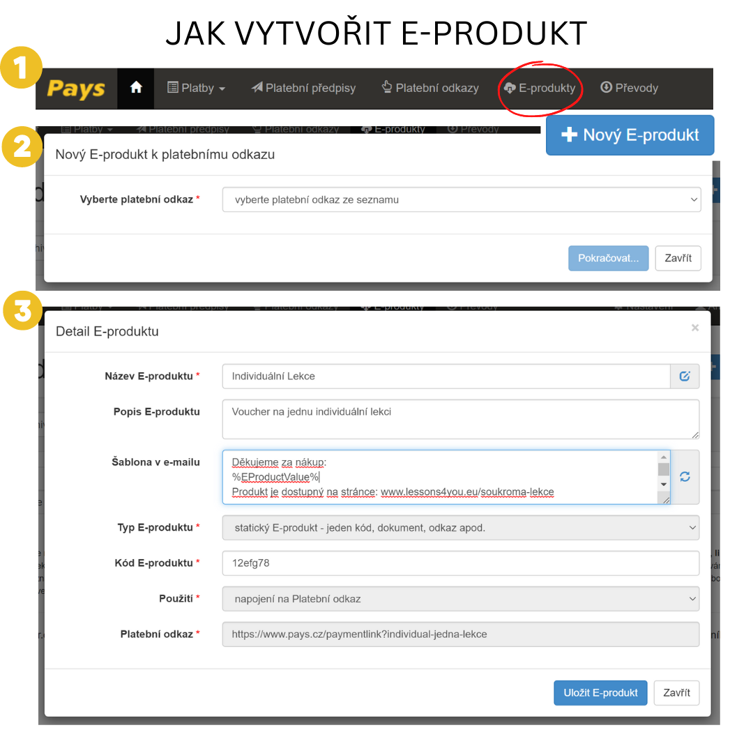 Na obrázku jsou vytvořené screenshoty z rozhraní Pays o tom, jak vytvořit e-produkt. Více informaci a přesný popis krok za krokem je k dispozici přímo v článku.