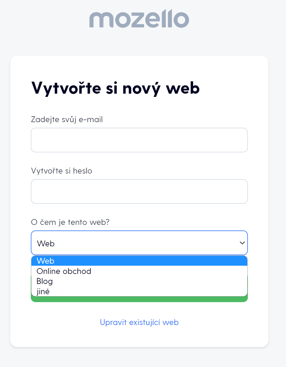 Screenshot registračního formuláře v Mozello