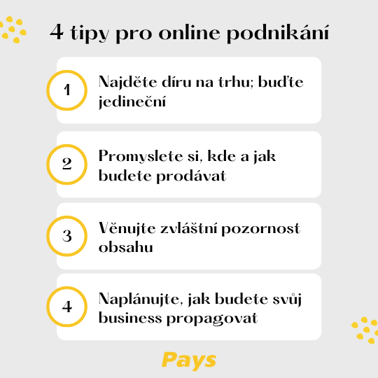 Obrázek zobrazuje 4 hlavní tipy pro online podnikání: 1. Najděte díru na trhu, buďte jedineční, 2. Promyslete si, kde a jak budete prodávat, 3. Věnujte zvláštní pozornost obsahu, 4. Naplánujte, jak budete svůj byznys propagovat. Více informací ke každému bodu naleznete přímo v článku.