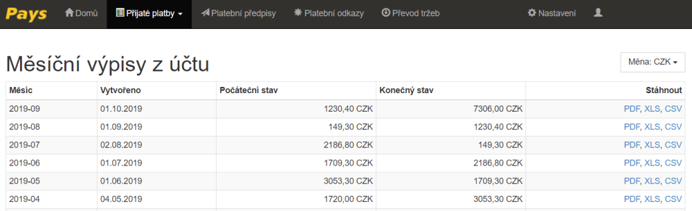 Platební brána - výpisy z účtu