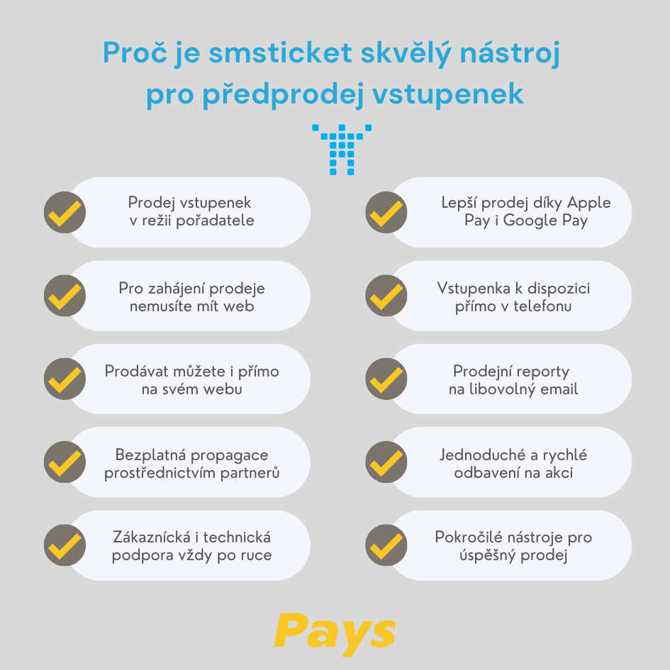 V obrázku je shrnuto deset hlavních důvodů, proč je smsticket skvělá služba pro předprodej vstupenek tak, jak je uvedeno v článku.