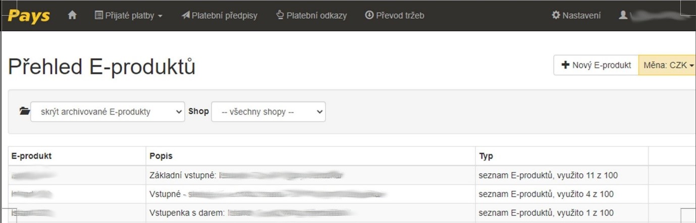 Na obrázku je seznam e-produktů v administrativním rozhraní Pays