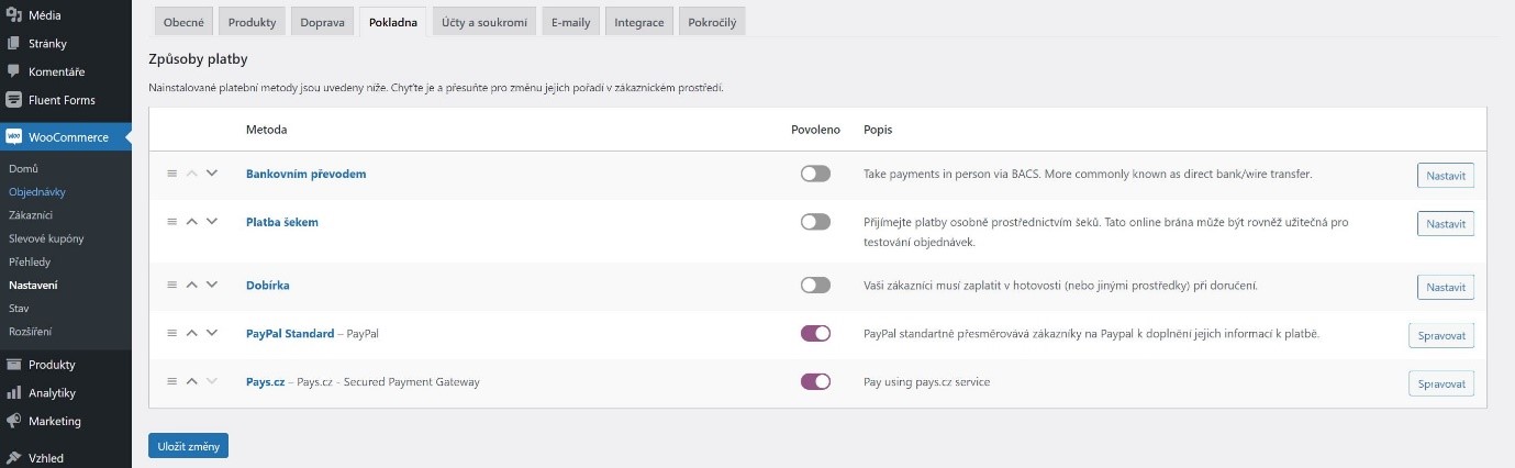 Jedná se o screenshot pro nastavení Pays v pluginu WooCommerce, konkrétně je nutné, aby poslední položka Pays byla aktivní